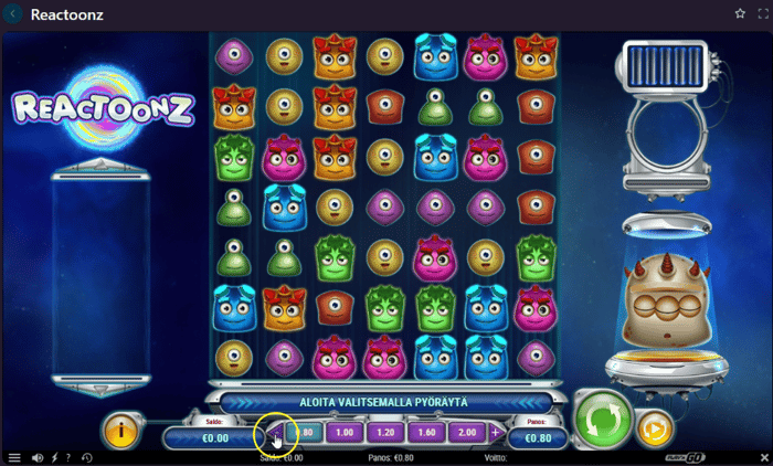Reactoonz-peliä ei voinut pelata aktiivisella bonuksella, ja siksi saldo näytti nollaa.
