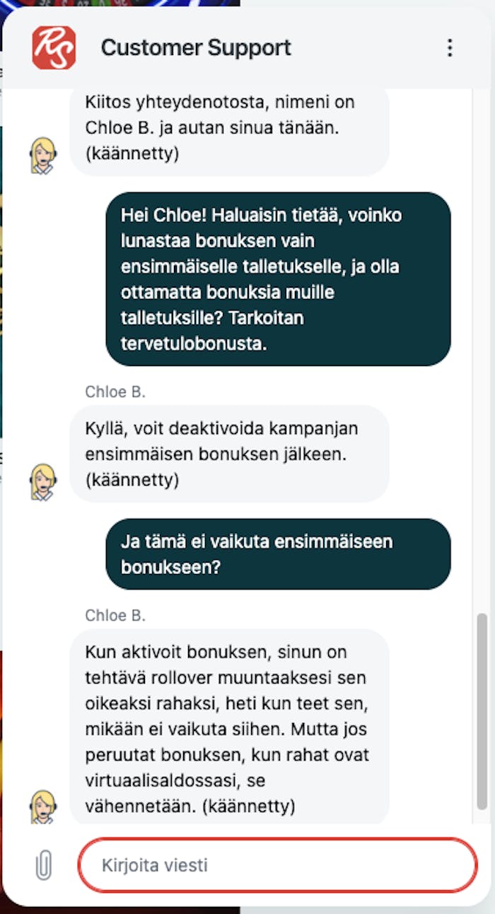 Chloe vastasi Real Spin asiakaspalvelussa nopeasti