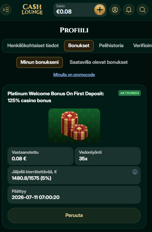Red Rascal oli korkean volatiliteetin peli, joka kasvatti kassaa, mutta lopulta söi sen kokonaan. Kierrätysvaatimus eteni vain viiteen prosenttiin ennen saldon hupenemista.