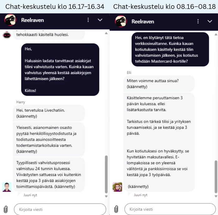 Reel Raven Casinon livechat-vastaukset tilin vahvistuksesta ja kotiutuksesta.