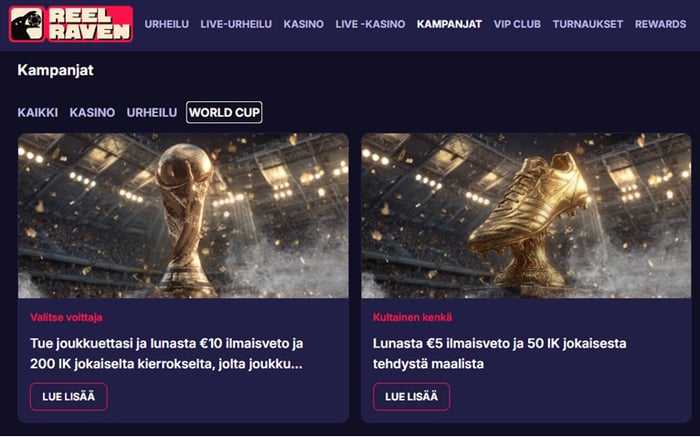 Reel Raven -kasinon Kampanjat-sivun World Cup -välilehti, jossa näkyy kaksi jalkapallon MM 2026 -bonusta.