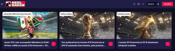 Reel Raven -kasinon jalkapallon MM 2026 -bonustarjoukset: avauspelin Meksiko vs. Etelä-Afrikka -veto, turnauksen voittajan valinta ja kultainen kenkä -maalibonus.