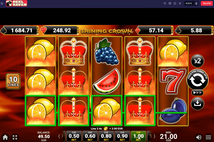 Reel Raven Casinon Shining Crown -pelin 21 euron voitto.