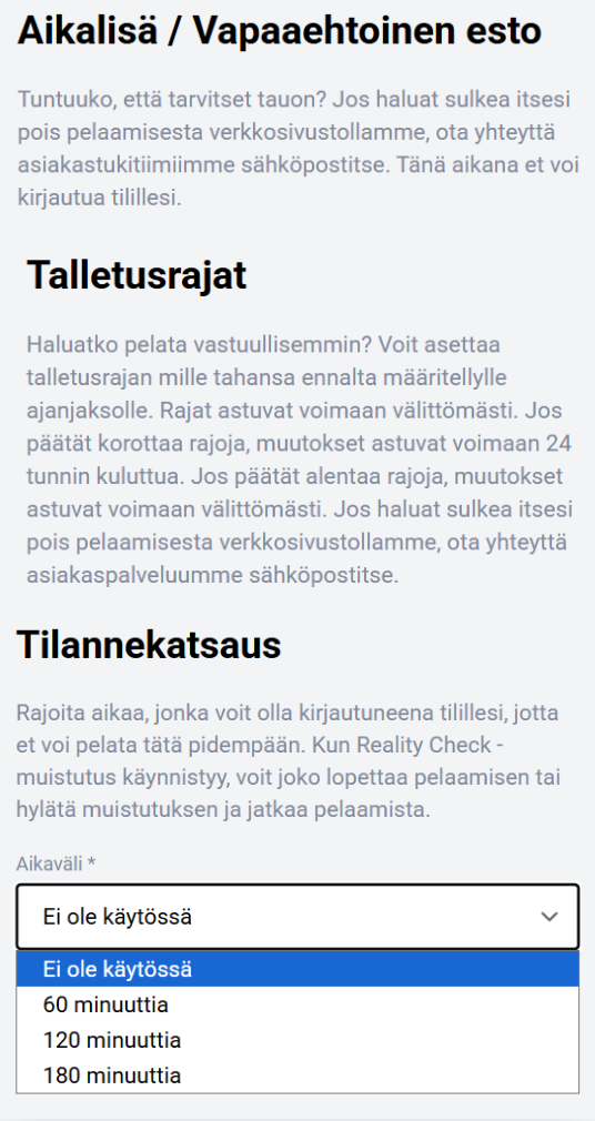 Reel Raven Casinon Reality Check -muistutuksen asetukset
