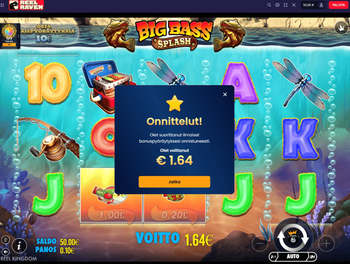 Big Bass Splash -pelin 1,64 euron ilmaiskierrosvoitto Reel Raven Casinolla.