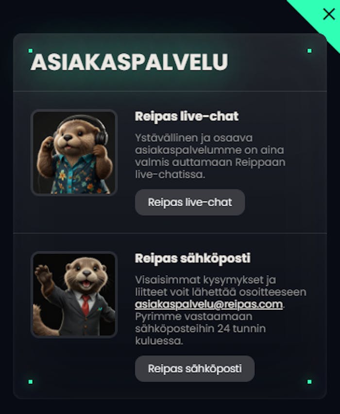 Reipas Casinon asiakaspalvelukanavat chat ja sähköposti.