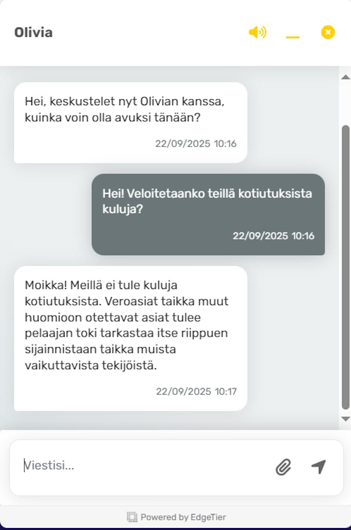 Reload Casino tarjoaa asiakaspalvelua suomeksi live chatin ja s?hk?postin kautta. Chat on ruuhkaton ja vastaukset asiantuntevia.