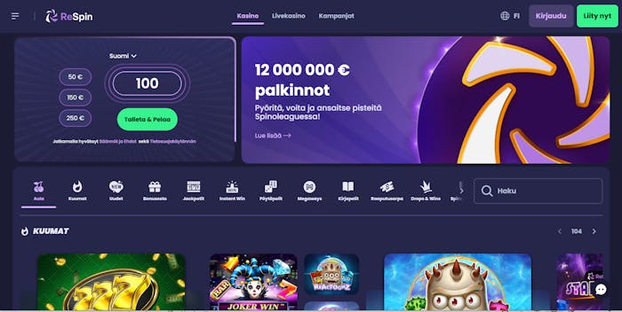 ReSpin tarjoaa monipuolisesti vaihtuvia turnauksia ja ison aloitusbonuksen, joka sisältää 300 € käteisbonuksen, 100 ilmaiskierrosta ja käynnin bonuspyörän ääressä.