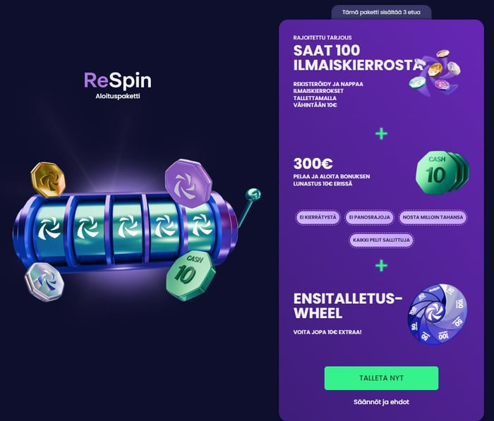Respin Casinon aloituspaketissa on 100 ilmaiskierrosta, 300 euroa ja ensitalletus-wheel palkintopyörä.