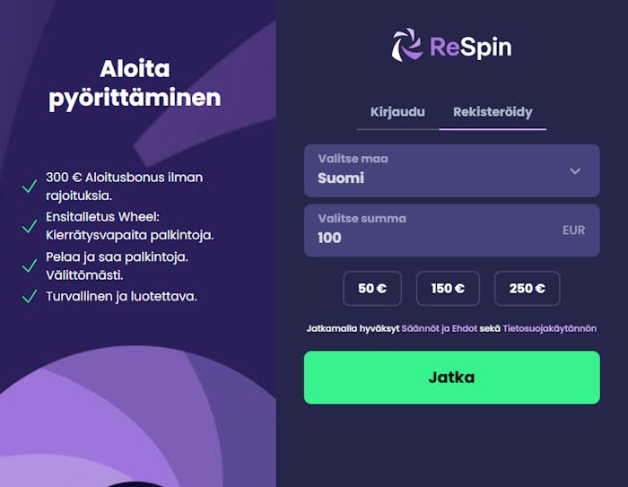 ReSpin on Pay N Play -kasino, mikä tekee ensimmäisestä pelikerrasta nopean. Valikoimiin kuuluu iso tervetulobonus, joka sisältää käteisbonusta ja kierrätysvapaita ilmaiskierroksia.