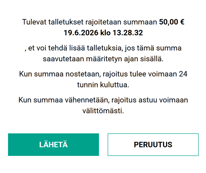 Kudos Betin vastuullisen pelaamisen työkalu, jossa tuleville talletuksille asetetaan 50 euron raja.
