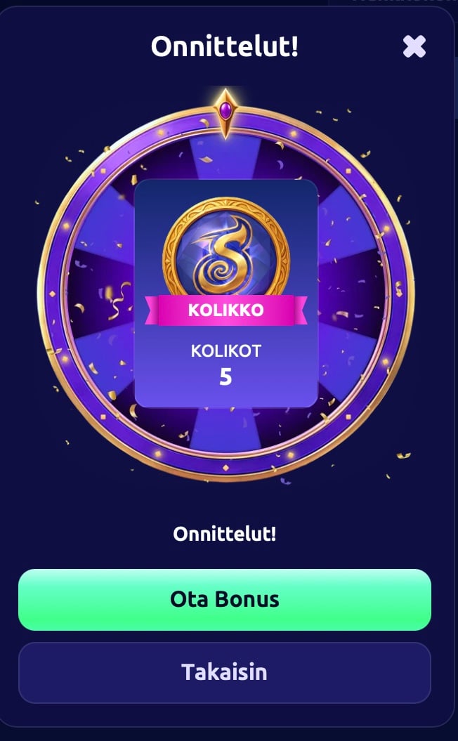 SpinDjinn Casinon onnenpyörä, josta saatu palkintona viisi kasinon sisäistä kolikkoa.