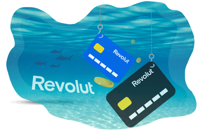 Kaksi Revolut-korttia roikkuu ongenkoukuissa veden alla.