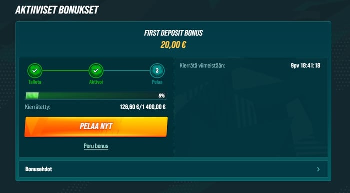 Aktiiviset bonukset -näkymä, jossa näkyy ensitalletusbonuksen kierrätysedistyminen 9 % (126,60 € / 1 400,00 €).