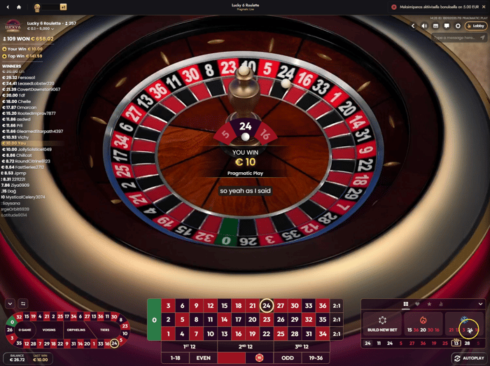 10 euron voitto Lucky 6 Roulette -ruletista.