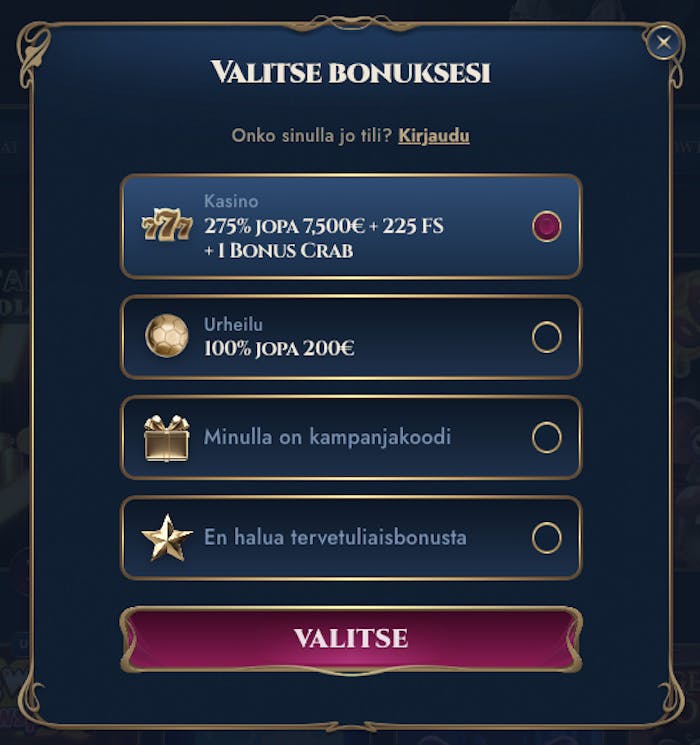RichRoyal kasinolla voit valita bonuksen kun aloitat pelaamaan
