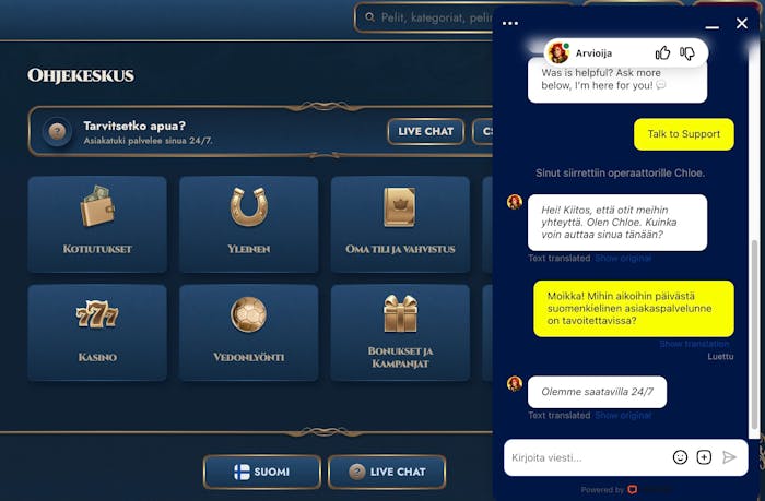 Live-chat keskustelu Rich Royal casinolla