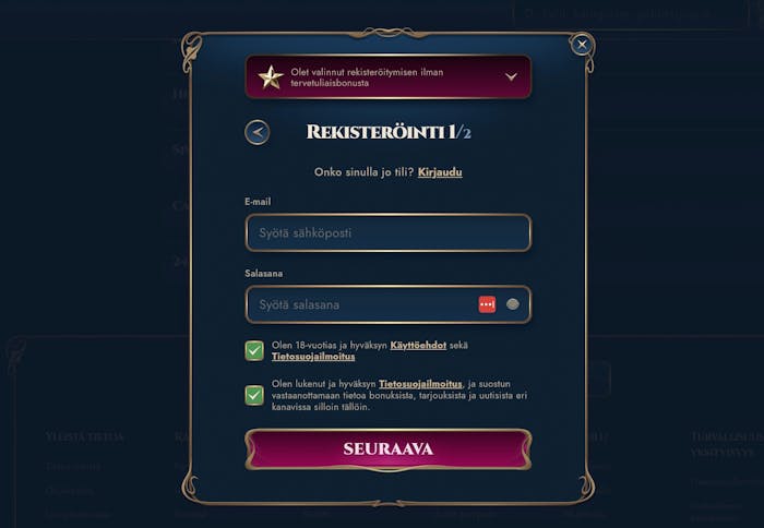 Rekisteröityminen Rich Royal Casinolle