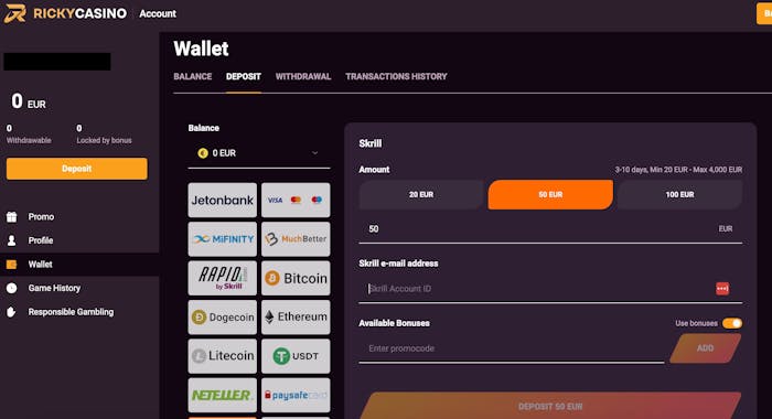 Ricky Casinon talletussivu ja saatavilla olevat maksutavat