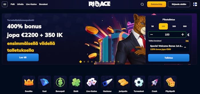 RioAce Casino tarjoaa tervetuliaisbonuksen ja ilmaiskierroksia.