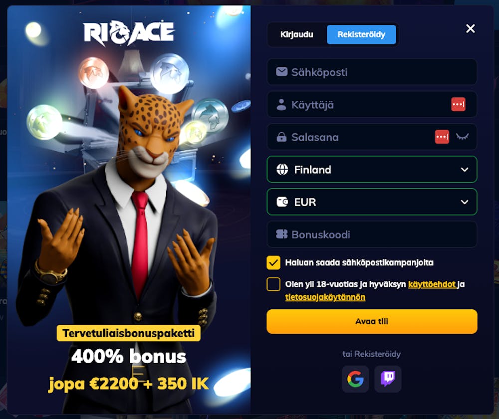 Kuvasta näkyy, kuinka helposti rekisteröityminen RioAce kasinolle oikein alkaa