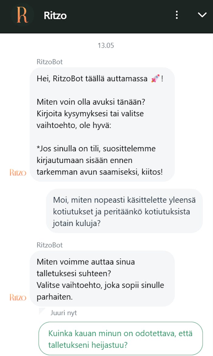RitzoCasinon asiakaspalvelun chat, jossa botti vastaa kysymykseen rahansiirtojen kestosta.