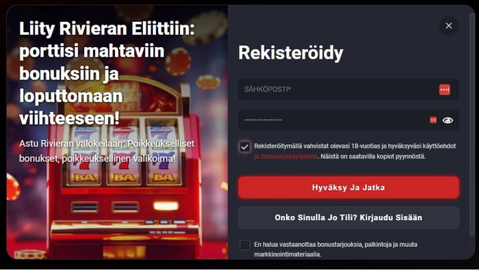 Riviera Casinolla rekisteröinti tapahtuu lomakkeella sähköpostilla ja salasanalla.
