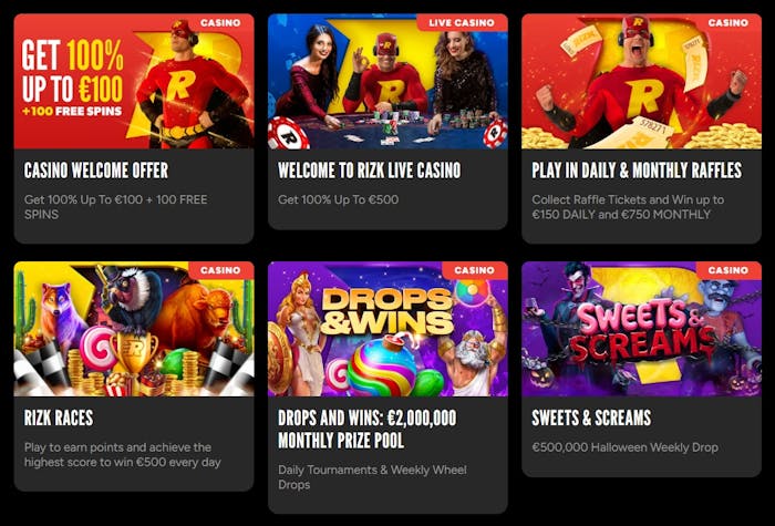 Rizk Casinon bonukset sopivat live-kasinolle, päivittäisiin haasteisiin ja Drops & Wins -turnauksiin osallistumiseen.