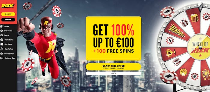 Rizk Casinon etusivulla on Captain Rizk, jopa 100 % 100 € bonus ja 100 FS sekä Wheel of Rizk.