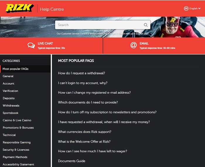 Rizk Casinon ohjekeskus neuvoo pelaajia suosituissa aiheissa, kuten miten nostopyyntö jätetään.