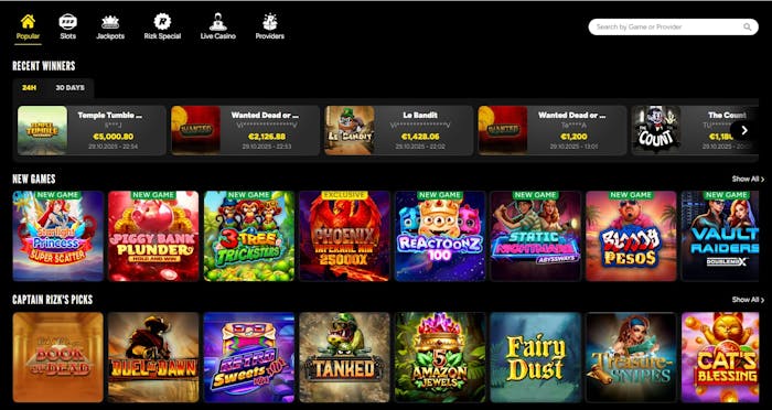 Rizk Casinolla pelataan useita uusia kolikkopelejä ja Captain Rizkin poimintoja, kuten Book of Dead.