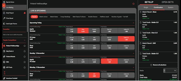 Rizk Casino mahdollistaa vedonlyönnin useista kohteista, kuten Veikkausliiga, Seria A tai NBA.