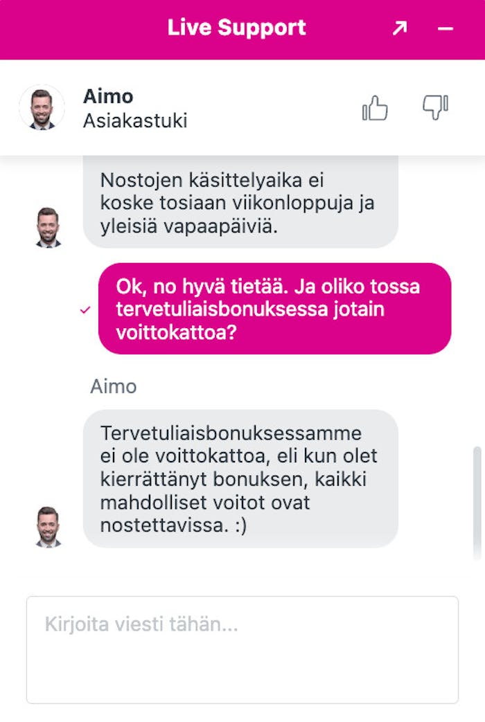Roby Casinon chatissa saa selkeää suomenkielistä palvelua