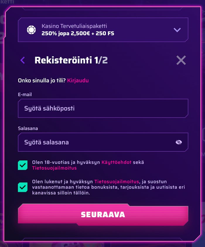 Roby Casinon rekisteröitymislomake