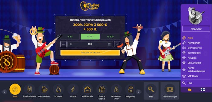 Rolling Slots Casinon Oktoberfest tervetuliaispaketti 300% jopa 3000 asti.