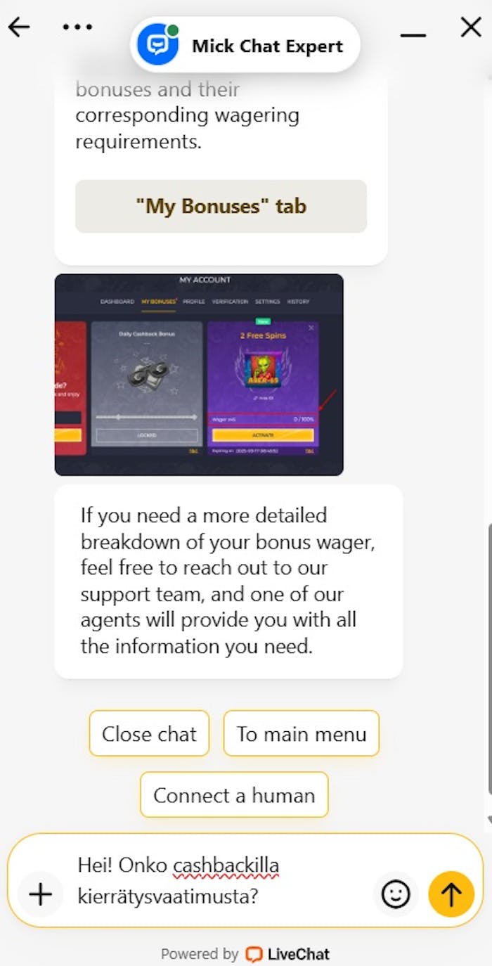 Rolling Slots casino livechat kysymys cashback bonuksen kierr?tt?misest?. 