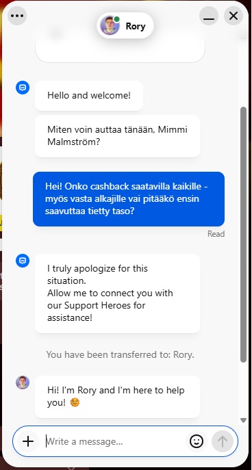 Roman Casinon asiakastuki vastasi live-chatissa muutamassa minuutissa käteispalautusta koskevaan kysymykseen.