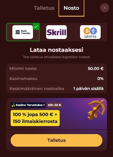 Roman Casinolla nosto tapahtuu pankkisiirrolla, Skrillillä tai kryptovaluutoilla. Miniminosto 50 €