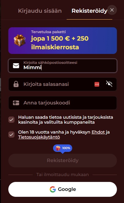 Roman Casinolla uudeksi pelaajaksi rekisteröidytään lomakkeella tai Google-tilin tunnuksilla. 