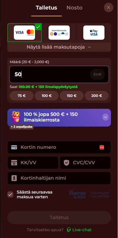 Roman Casino talletus onnistuu korttimaksulla, verkkopankkitunnuksilla ja Applepaylla. Minimi 20 euroa