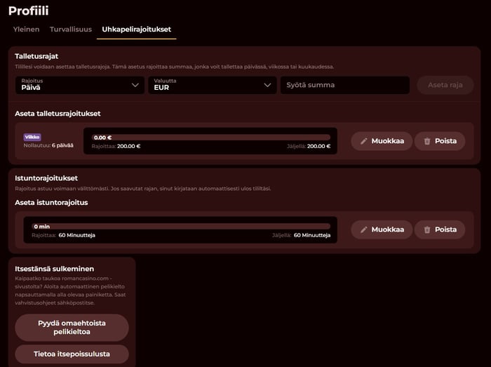 Roman Casinolla vastuullisen pelaamisen talletusrajat ja istuntorajoitukset asetetaan suoraan pelaajaprofiilista.