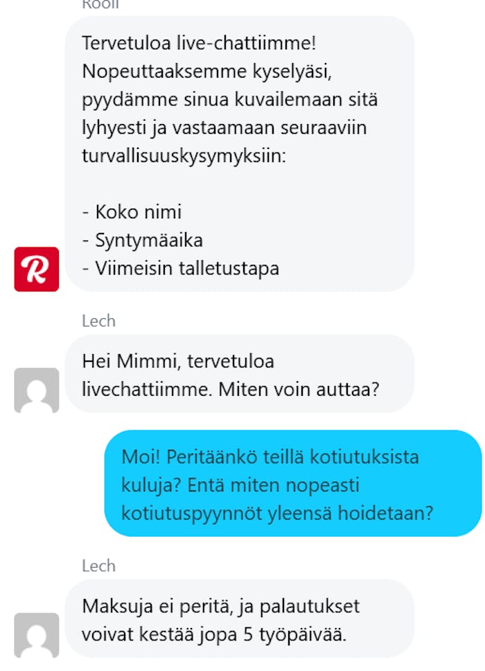 Rooli Casinon asiakaspalvelu-chat, jossa tiedustellaan kotiutusten nopeudesta ja kuluista.