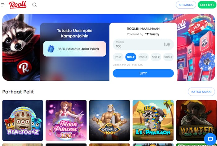 Rooli Casinon etusivu, jossa näkyy cashback-tarjous, talletusvalikko sekä parhaat pelit.