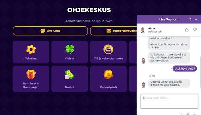 Royal Game casinon live-chat palvelee nopeasti