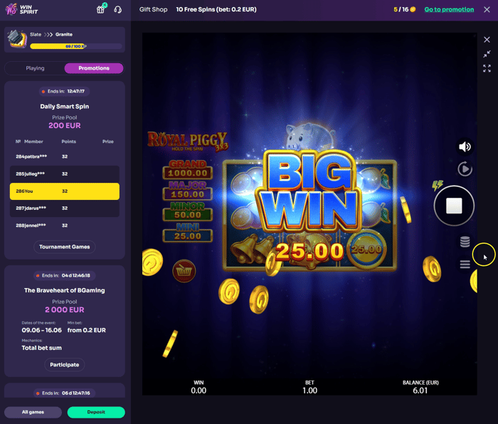 WinSpirit Casino Royal Piggy -pelin Big Win 25,00 € mini-jackpot, panos 1,00 € ja saldo 6,01 €.
