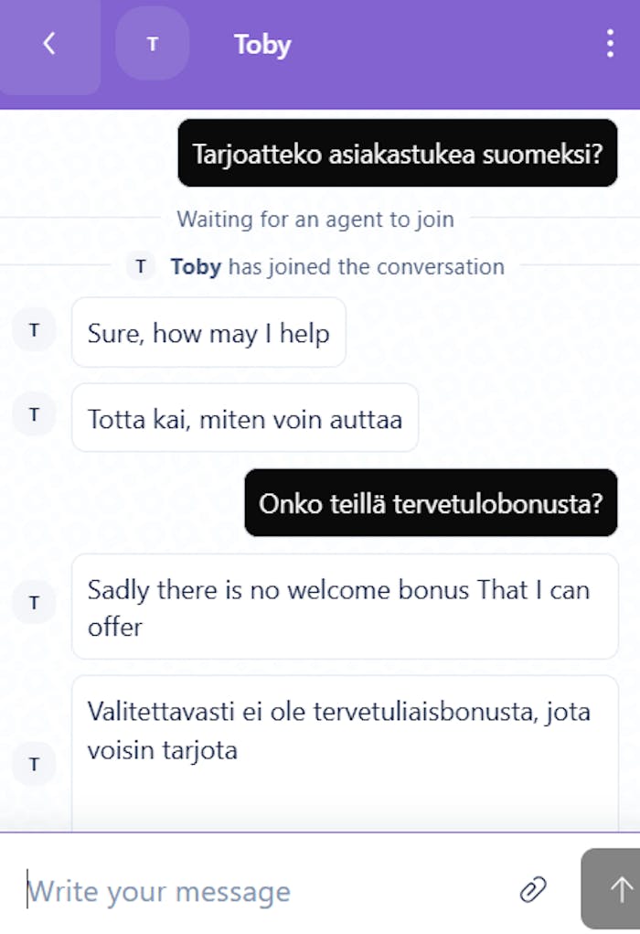 Royal Spinz Casino palvelee chatissa suomeksi k??nn?sty?kalun avustuksella.