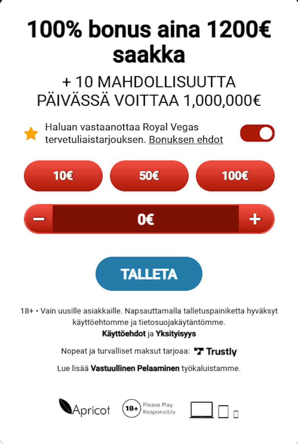 Royal Vegas on moderni Trustly-kasino, mikä tarkoittaa rekisteröitymisvapaata pelaamista.