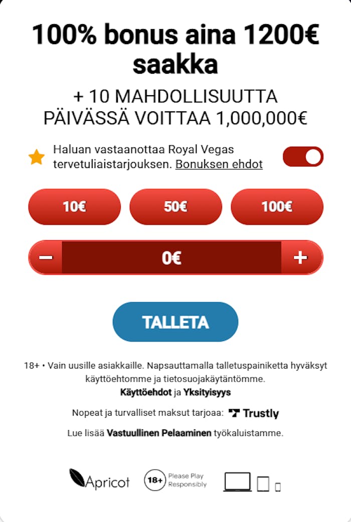 Royal Vegas on moderni Trustly-kasino, mikä tarkoittaa rekisteröitymisvapaata pelaamista.