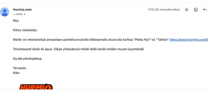 Hurmio Casino vastaa nopeasti myös sähköposteihin.