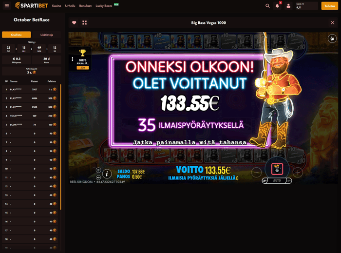 Big Bass Vegas 1000 -bonusvoitto 133,55 € Spartibetissä